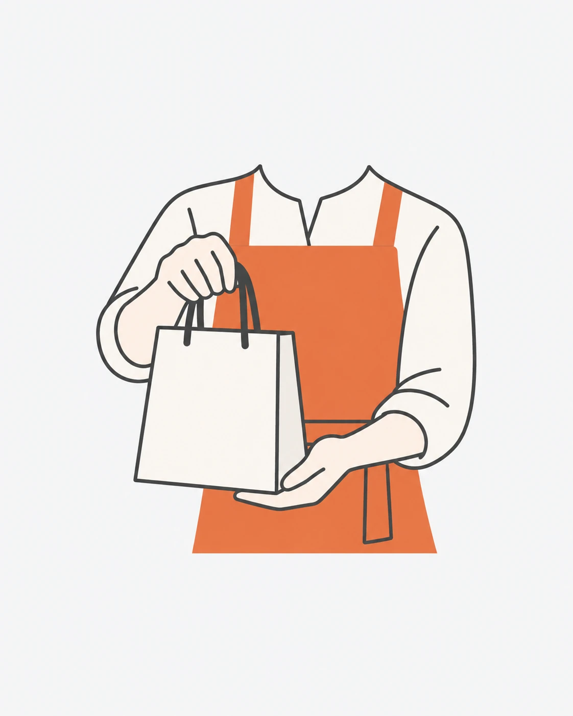 エプロン姿の店舗スタッフが商品袋を手渡すイラスト